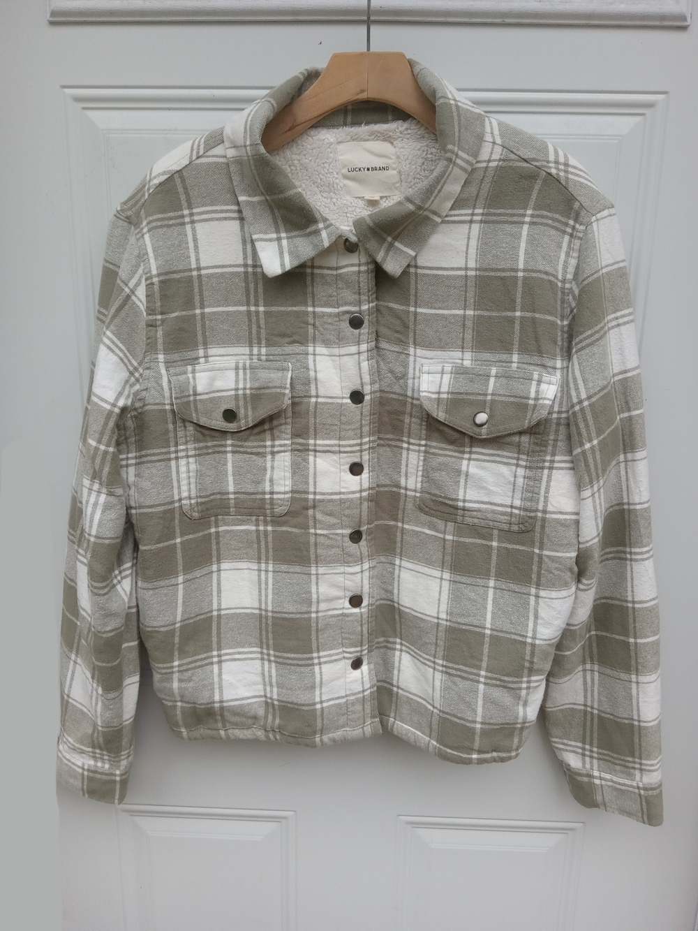 Lucky Brand Olive Green White Plaid Utility Jacket Sherpa Lined Size Large